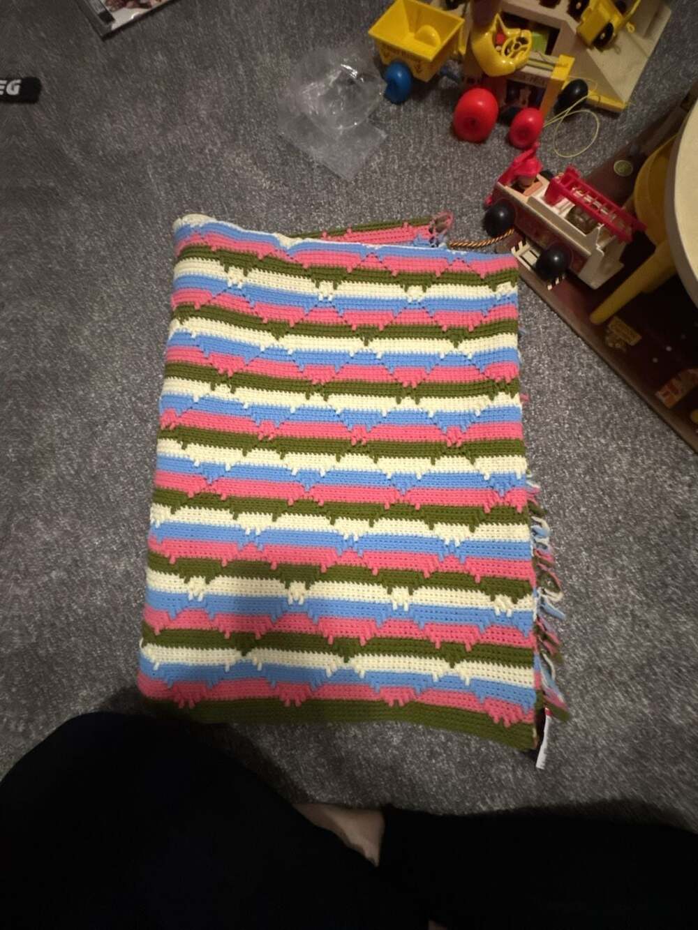 Vintage Handmade Crochet Throw Blanket Multi-Color Striped Fringe 43x67
